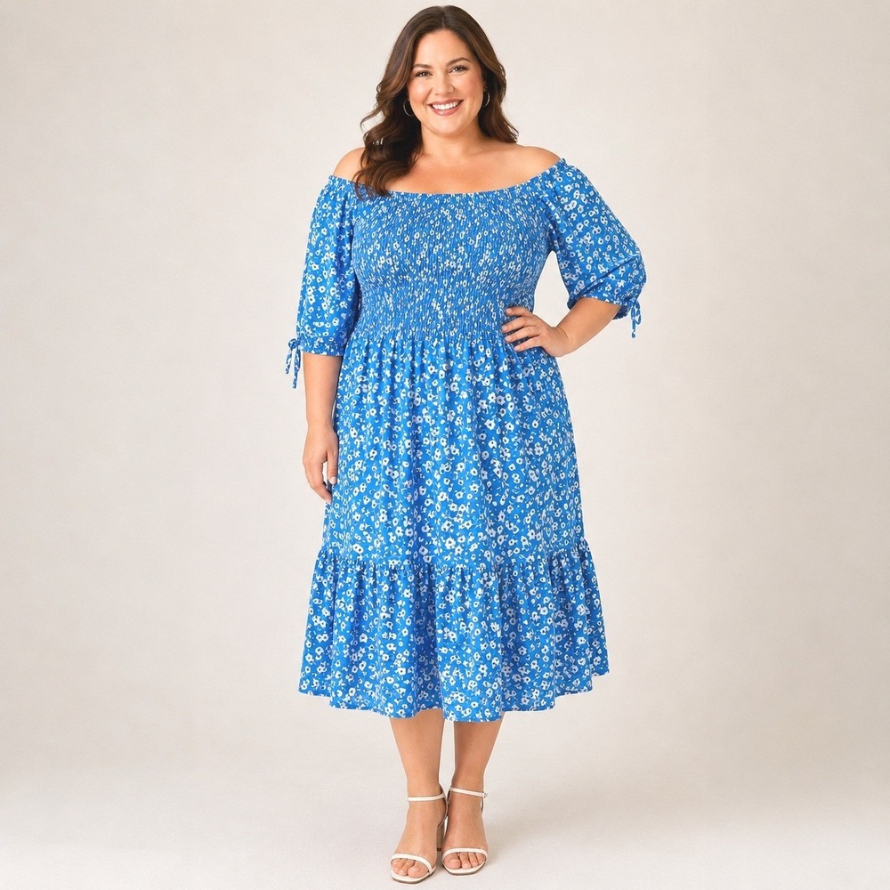 Cato Sz 18/20W Blue Floral Smocked Midi Dress Cottagecore Off Shoulder Peasant